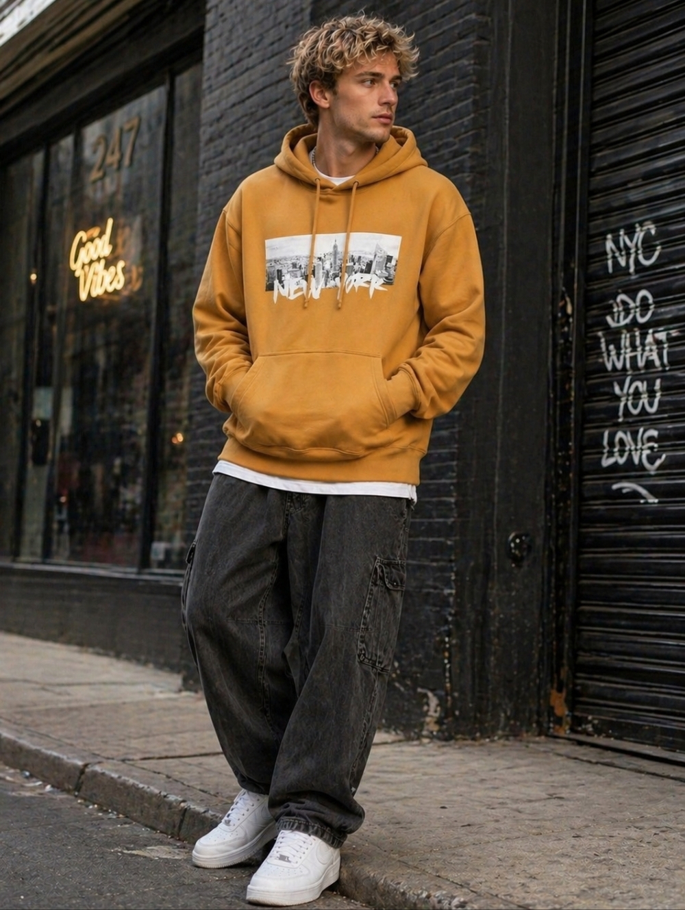 New York Graphic Hoodie Medium Mustard Yellow Streetwear Urban Trendy